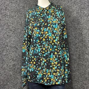 Ellen Tracy Maximalist Gem Jewel Button Blouse Small Casual Luxe Gold‎ Aqua Bold